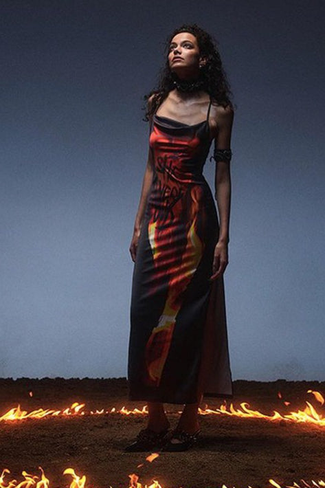 Flame Print Cross Strap Maxi Dress