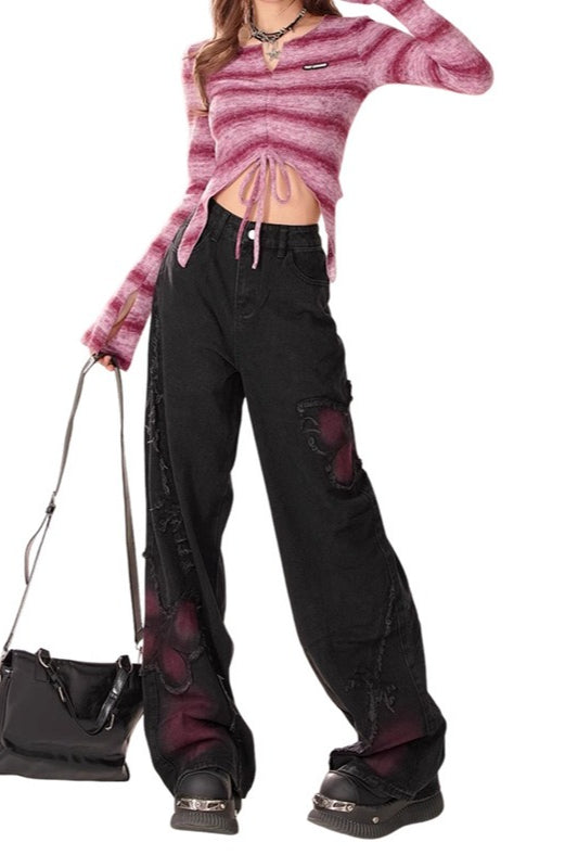Butterfly Patch Washed Wide Leg Jeans