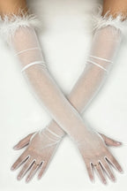 Feather Trim Sheer Long Gloves