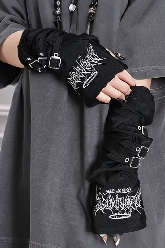Buckle Graphic Open Finger Gloves
