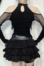 Fishnet Eyelet Cold Shoulder Crop Tops