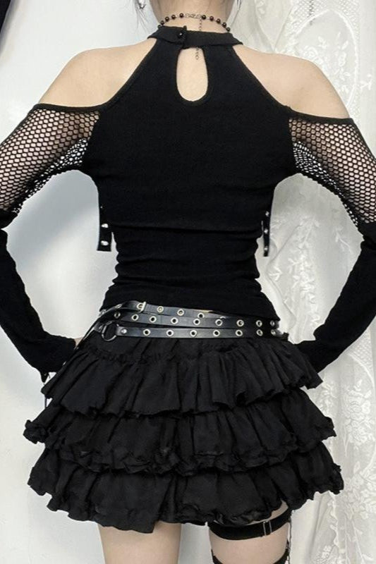Fishnet Eyelet Cold Shoulder Crop Tops