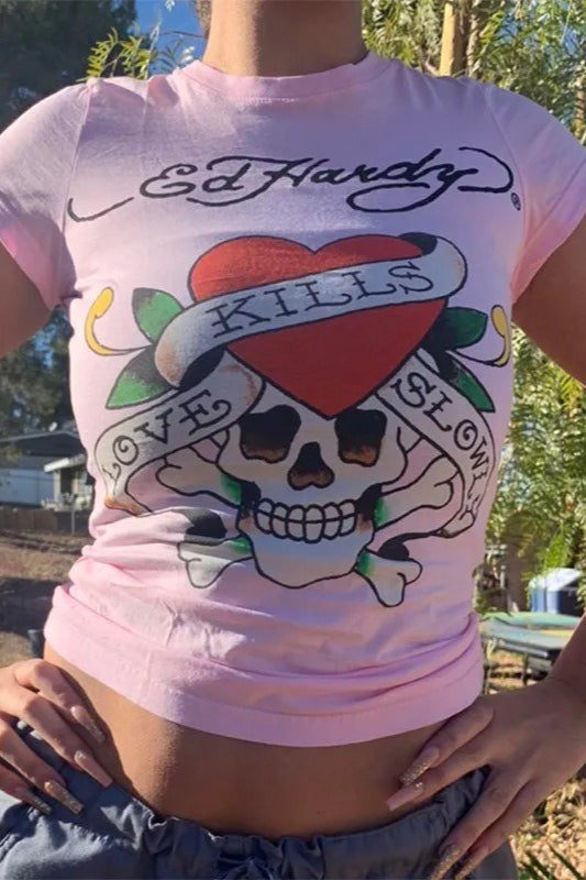 Vintage Skull Rose Print T-shirt Secondary image