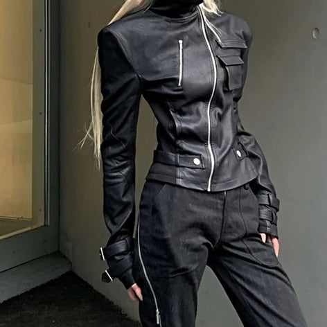 Short Black Fitted Leather Jacket Main image