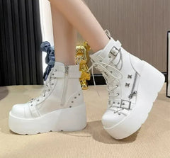 Women Platform Gothic Combat Rivet Zip Boot
