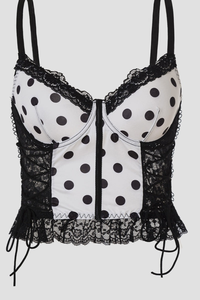 Black White Polka Dot Lace Splice Strap Corset