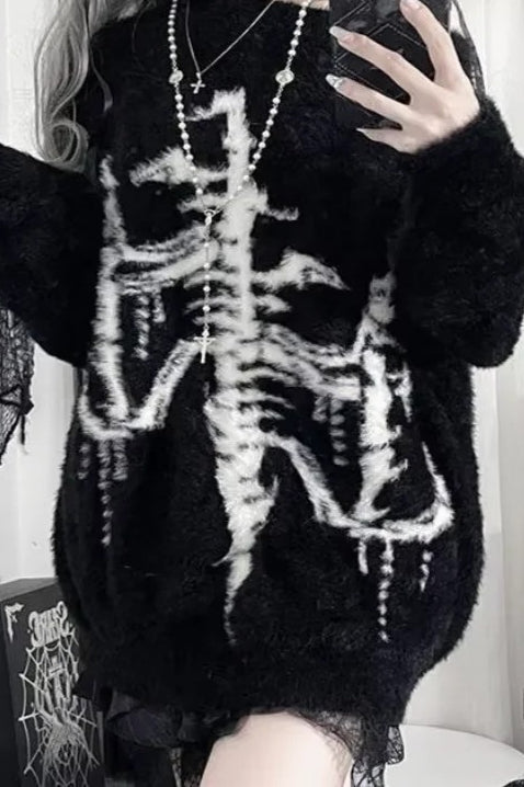 Y2K Harajuku Dark Print Off Shoulder Knit Sweater