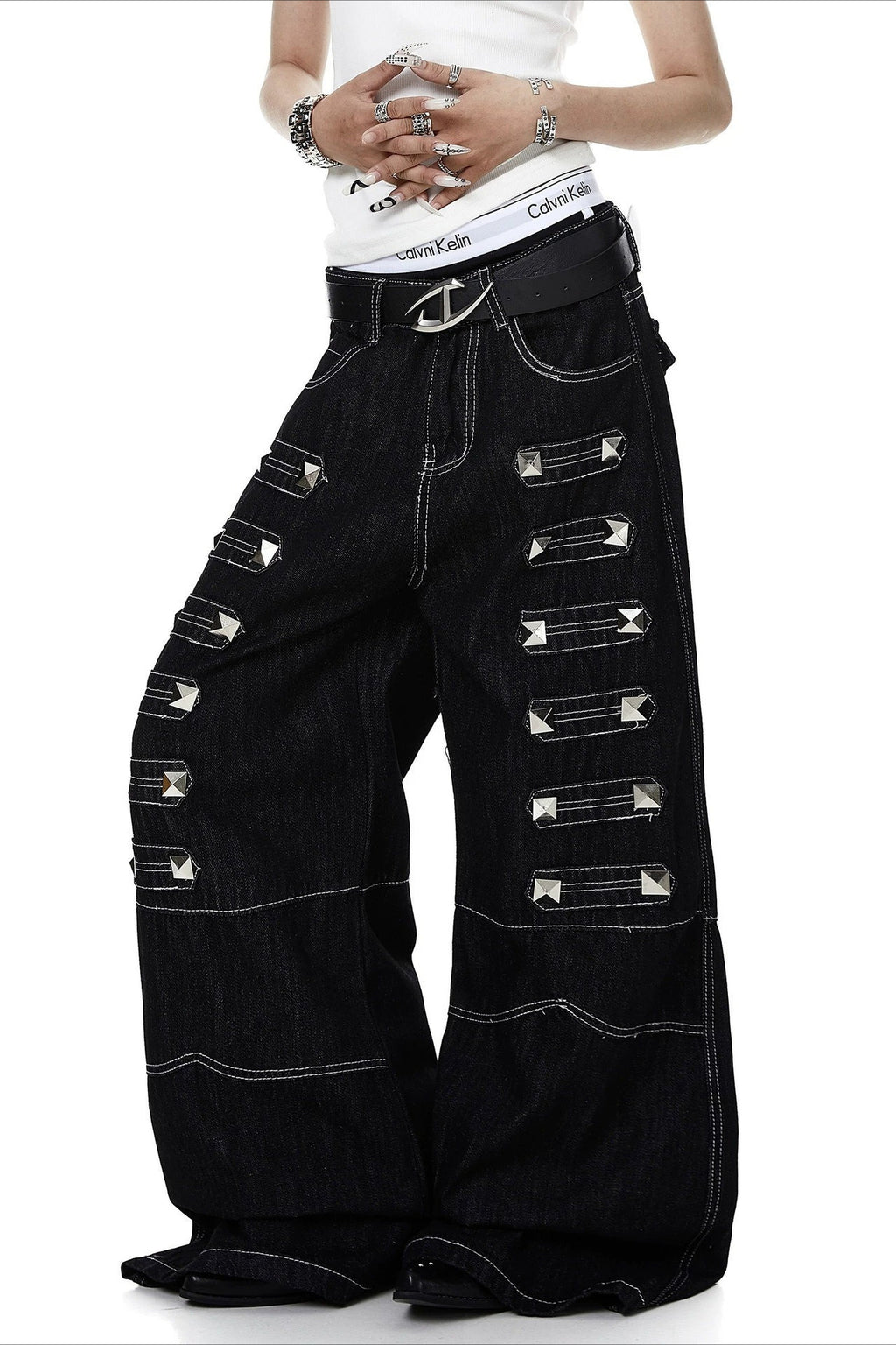 Studded Contrast-Stitch Flared Jeans