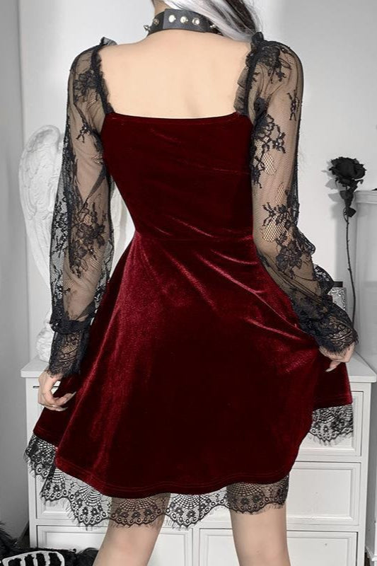 Lace Patchwork Long Sleeve Ruffled Mini Dress