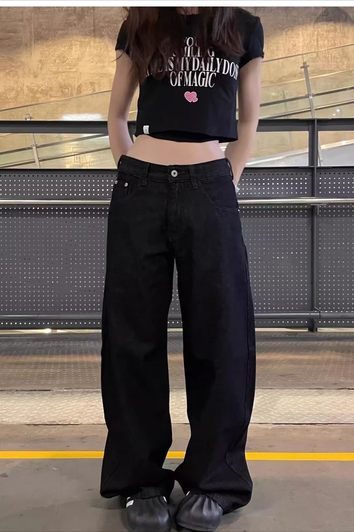 Pink Cross Rhinestone Wide Leg Jeans