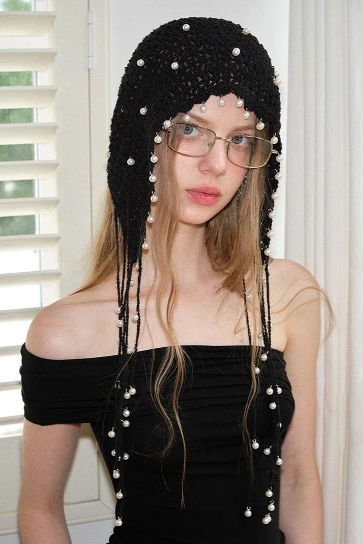 Handmade Pearl Tassel Y2K Crochet Woven Beanie Hat Main image