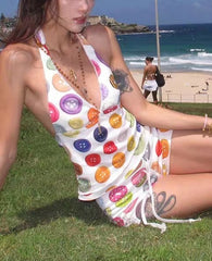 Y2K Colorful Button Pattern Halter Swimwear