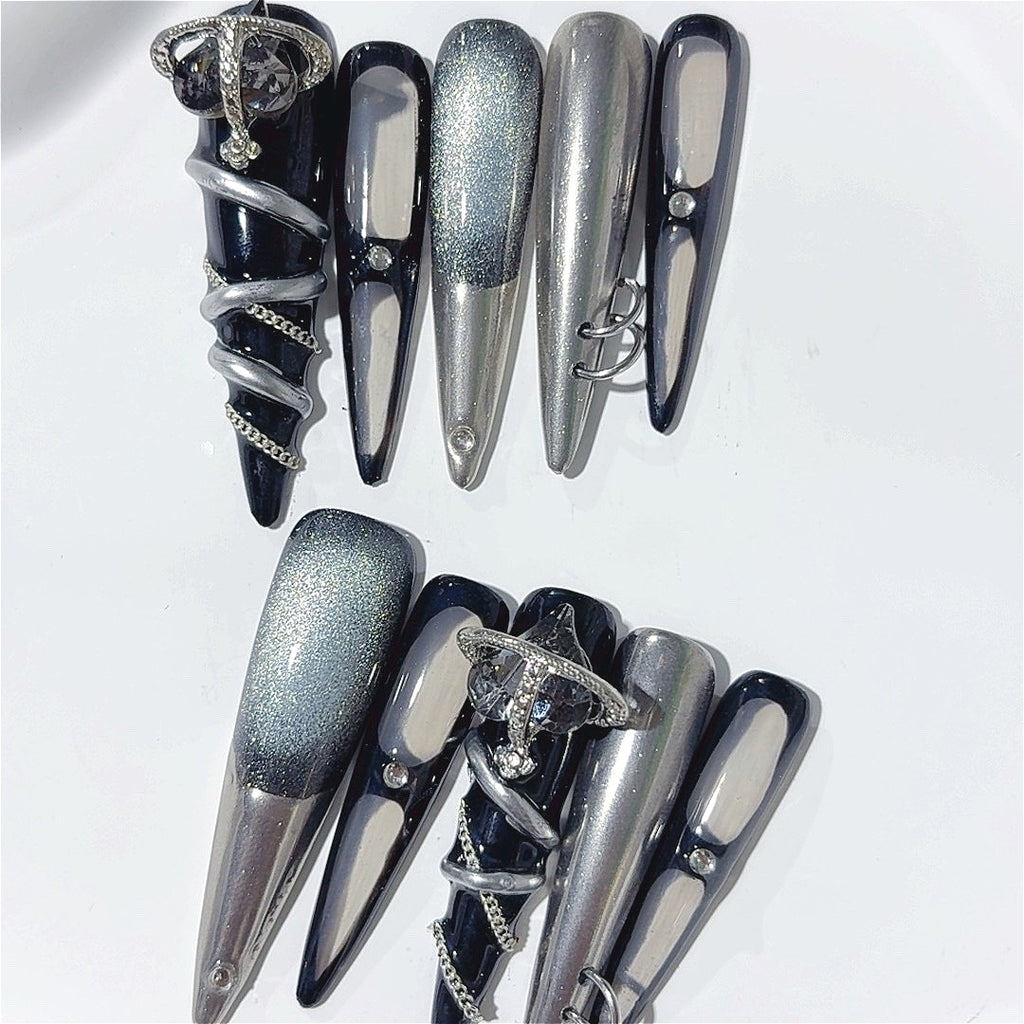 Black Blue Cat Eye Charm Press On Nails