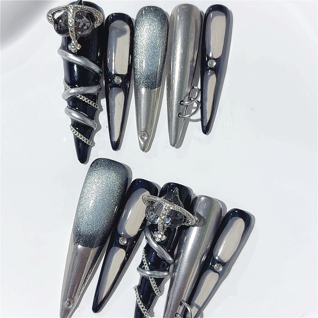 Black Blue Cat Eye Charm Press On Nails