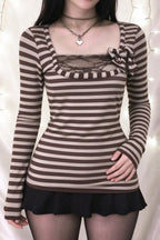 Striped Bow Lace Trim Top