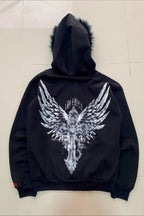 Angel Cross Black Fur Trim Zip Hoodie