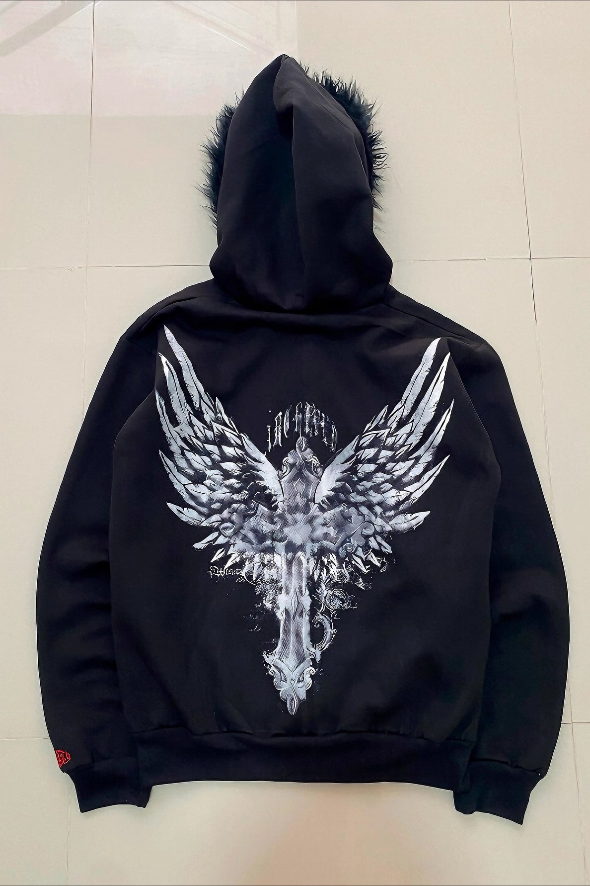 Angel Cross Black Fur Trim Zip Hoodie