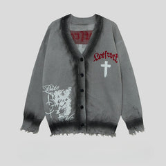 Oversize Cross Letter Jacquard Warm Street Cardigan Sweater