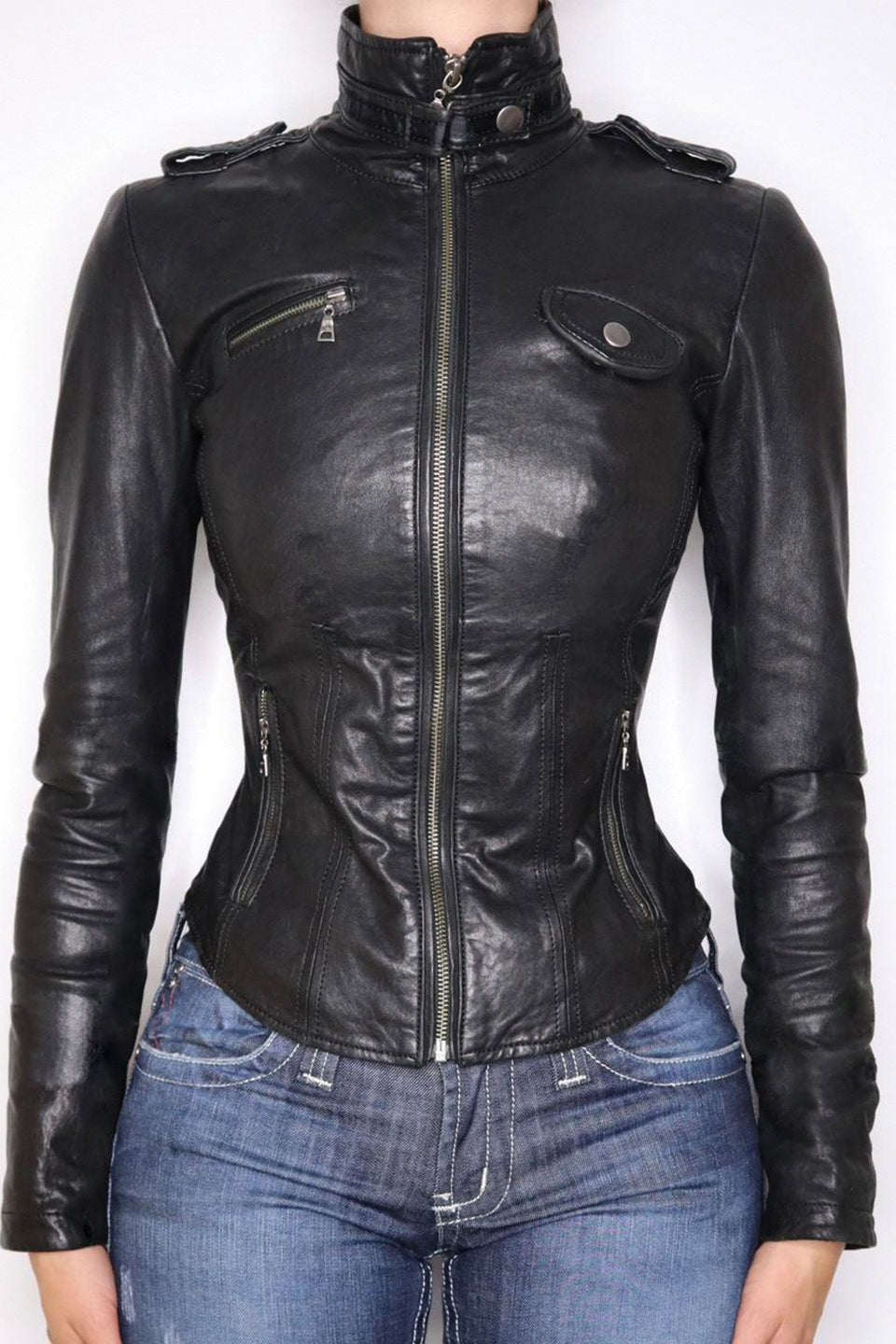Edgy Stand Collar Zip Waist-fit Leather Jacket Main image