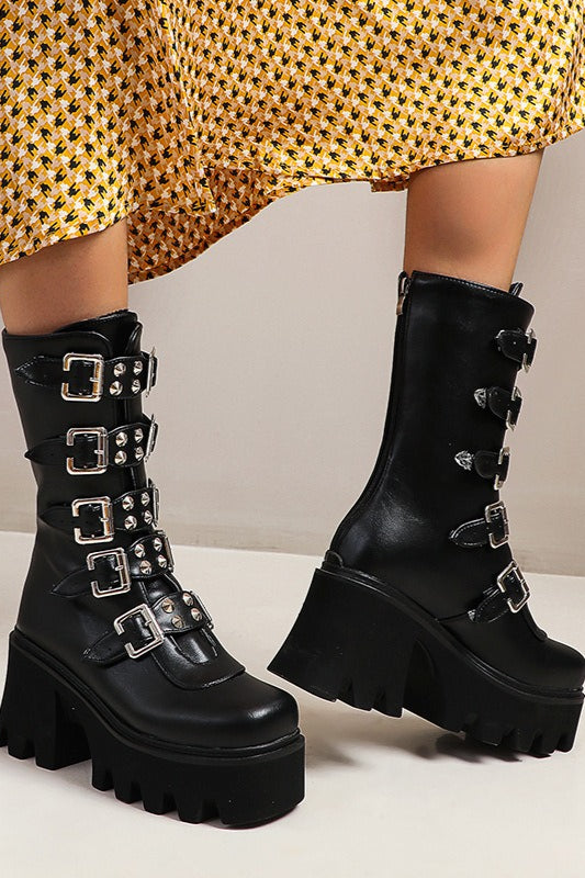 Multi-Buckle Knee-High Platform Boots