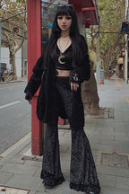 Lace Panel Velvet Flare Pants