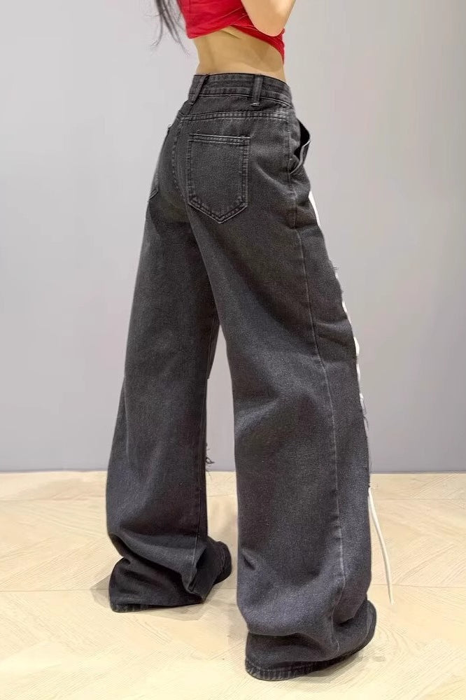 Lace Up Pocket Wide Leg Cargo Jeans