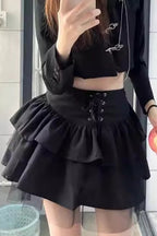 Black Lace-Up Layered Mini Skirt