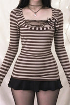 Striped Bow Lace Trim Top
