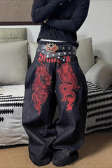 Baggy Gothic Streetwear Plaid Patch Denim Floor-Length Pants