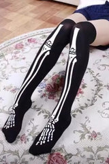 Gothic Skeleton Print Thin Summer Over Knee Cosplay Socks