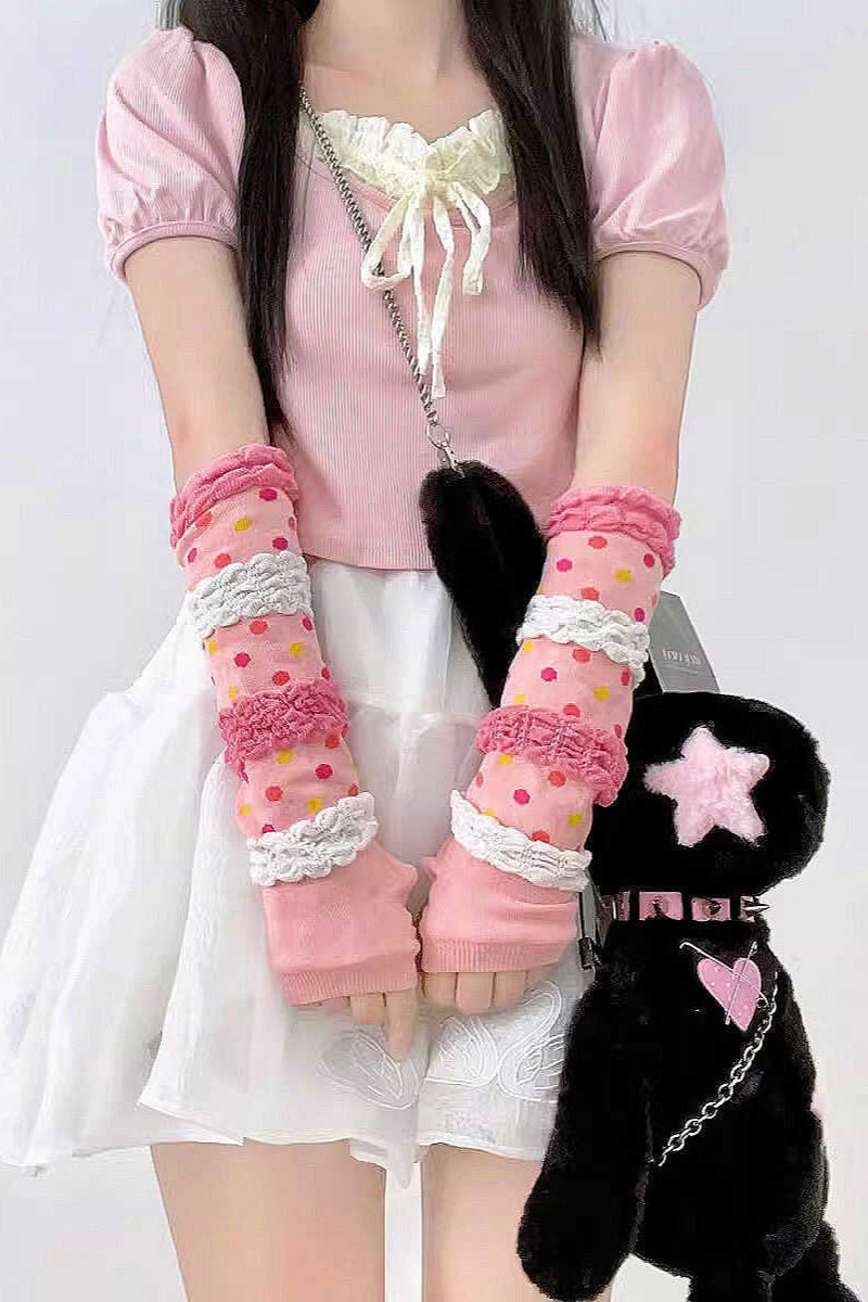 Y2K Pink Polka Dot Cute Gloves Secondary image