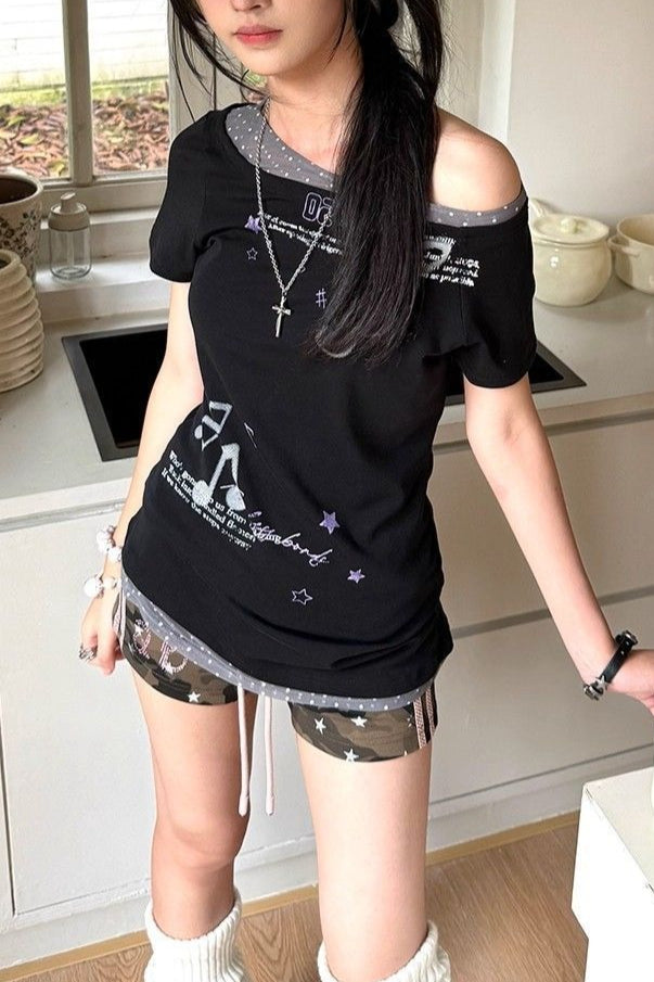 Music Note Graphic Wide Neck T-Shirt Secondary image