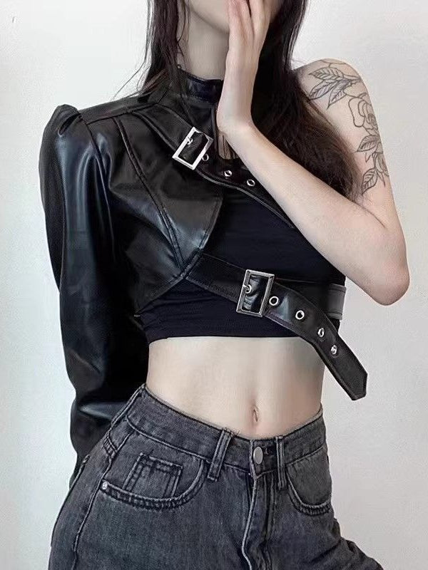 Punk Asymmetric PU Leather Single Sleeve Crop Top Secondary image