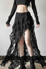Punk Gothic Lace Ruffle Irregular Midi Skirt