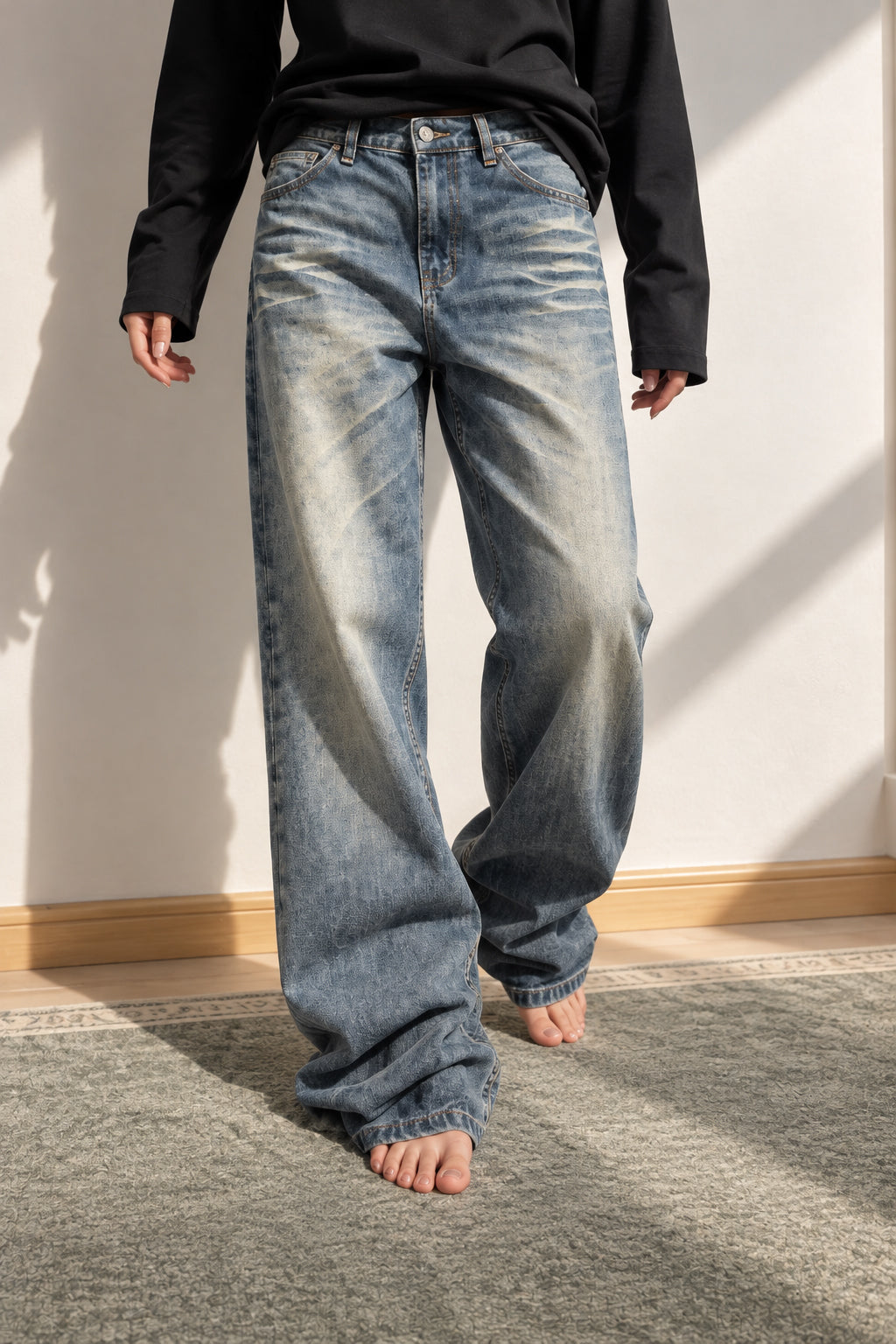 Embroidered Slouchy Straight Denim Trousers