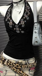 Y2K Black V-neck Embroidered Halter Backless Retro Cami Top