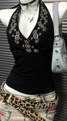 Y2K Black V-neck Embroidered Halter Backless Retro camis