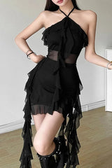 Solid Color Halter High Waist Slim Fit Mini Dress