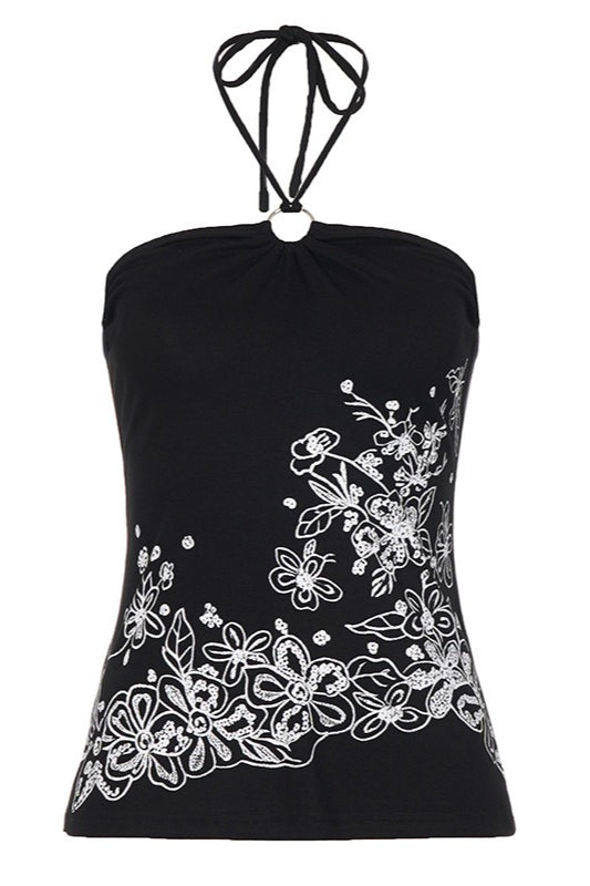 Floral Print Ring Halter Tank Top