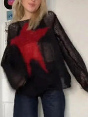 Y2K Pentagram Hollow Out Crochet Long Sleeve Sweater