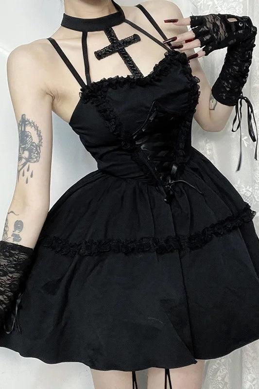 Lace Bandage Cross Halter Backless Gothic Mini Dress Main image