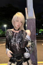 Y2K Gothic Punk Print Mesh Long Sleeve Knit Top