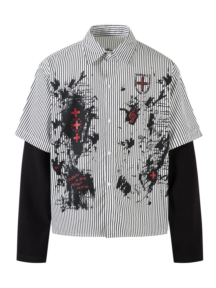 Fake Two-Piece Dark Stripe Long Sleeve Blouse Main image