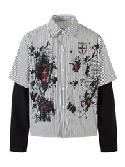 Fake Two-Piece Dark Stripe Long Sleeve Blouse