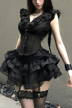 Black Lace Shirt And Tiered Mini Skirt Set