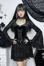 Flocked Lace Bell Sleeve Mini Dress
