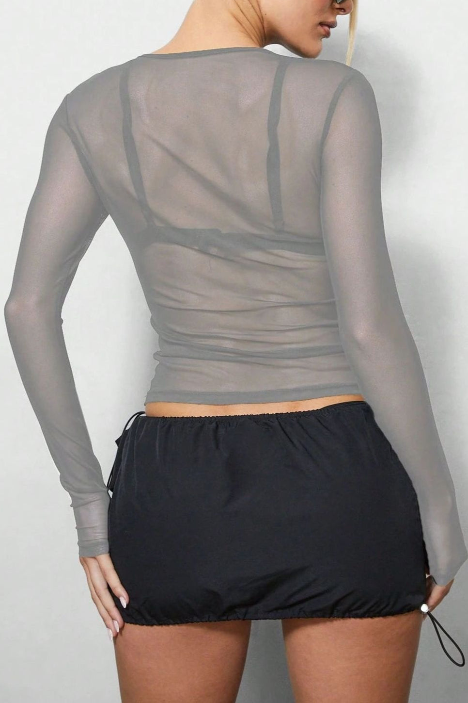 Sheer Crew Neck Long Sleeve Crop Tops