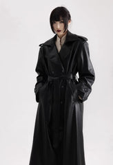 Long Black Soft Leather Long Coat
