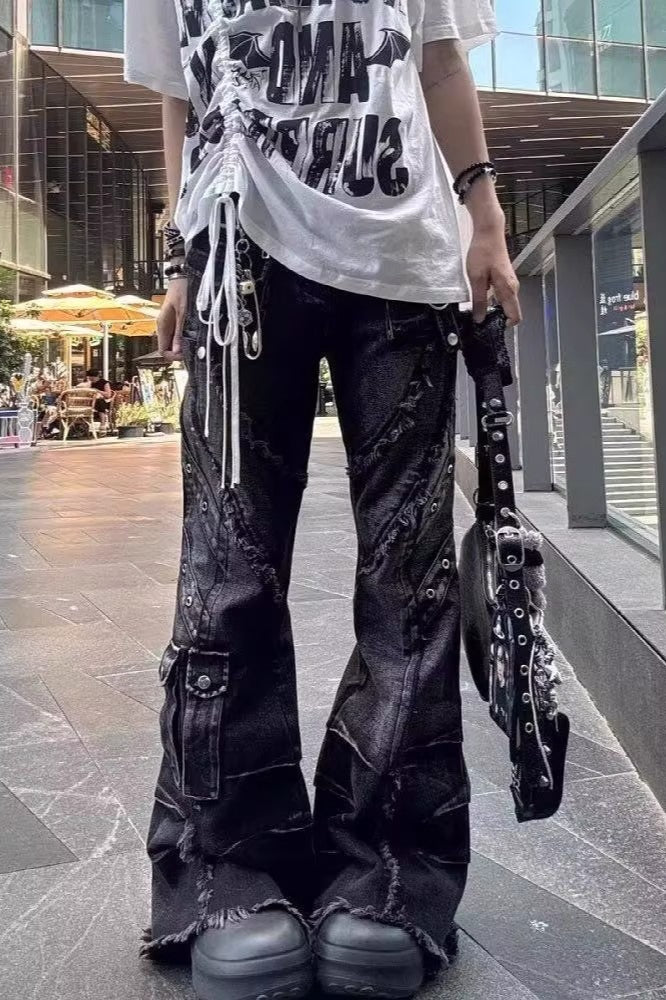 Edgy Y2K Oversized Raw Hem Flare Denim Pants Main image