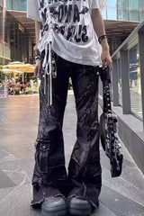 Edgy Y2K Oversized Raw Hem Flare Denim Pants